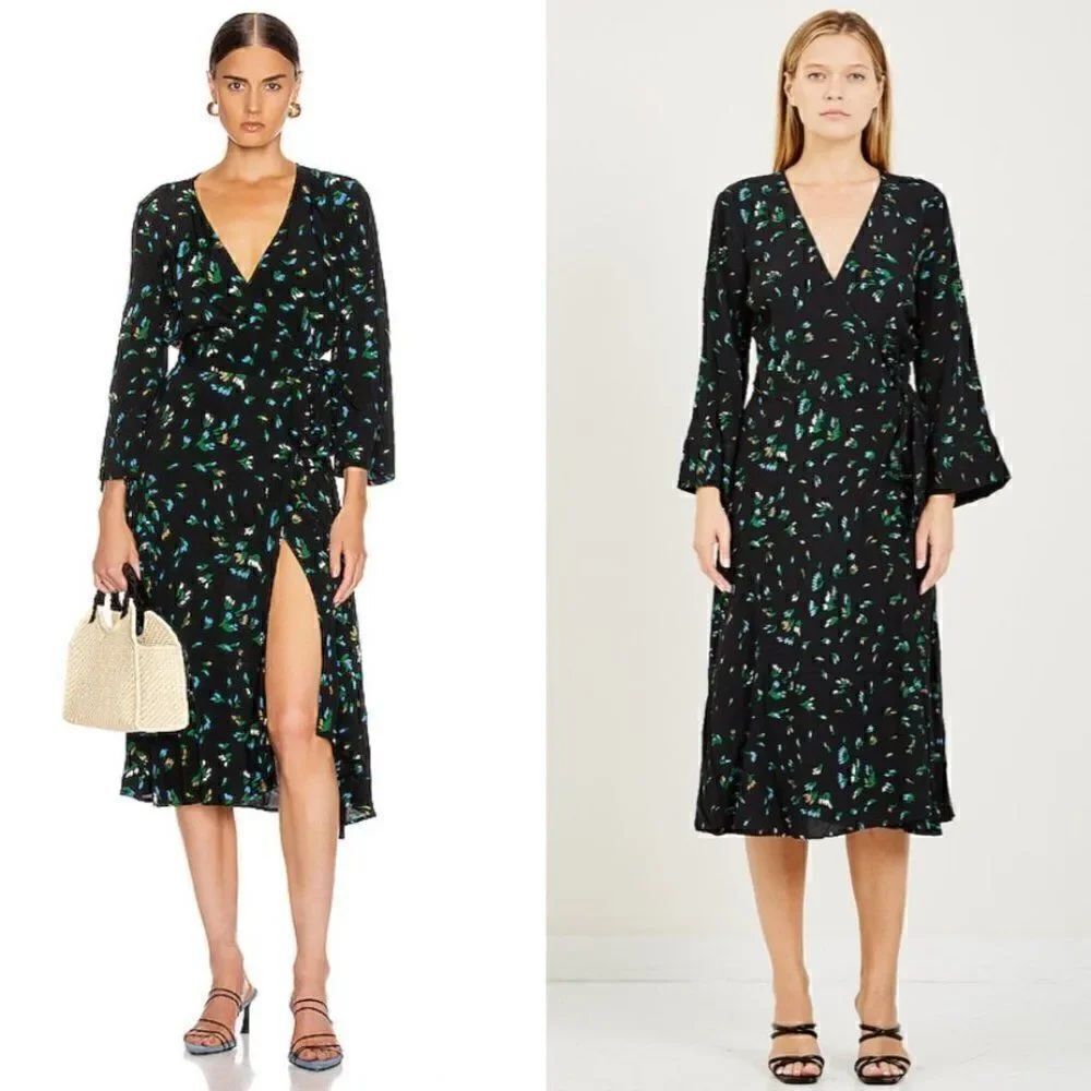 Ganni Printed Crepe Wrap Dress Verdant Green